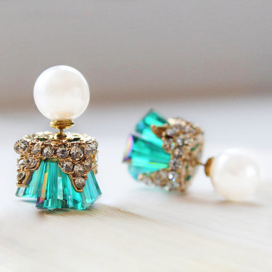 Green Crystal Inlayed Reversible Earrings - Rabal
