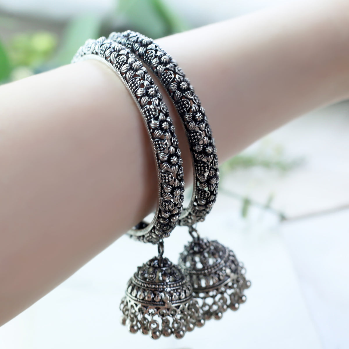 Silver Tribal Bangle Pair with Hanging Jhumki I Choorian - Rabal