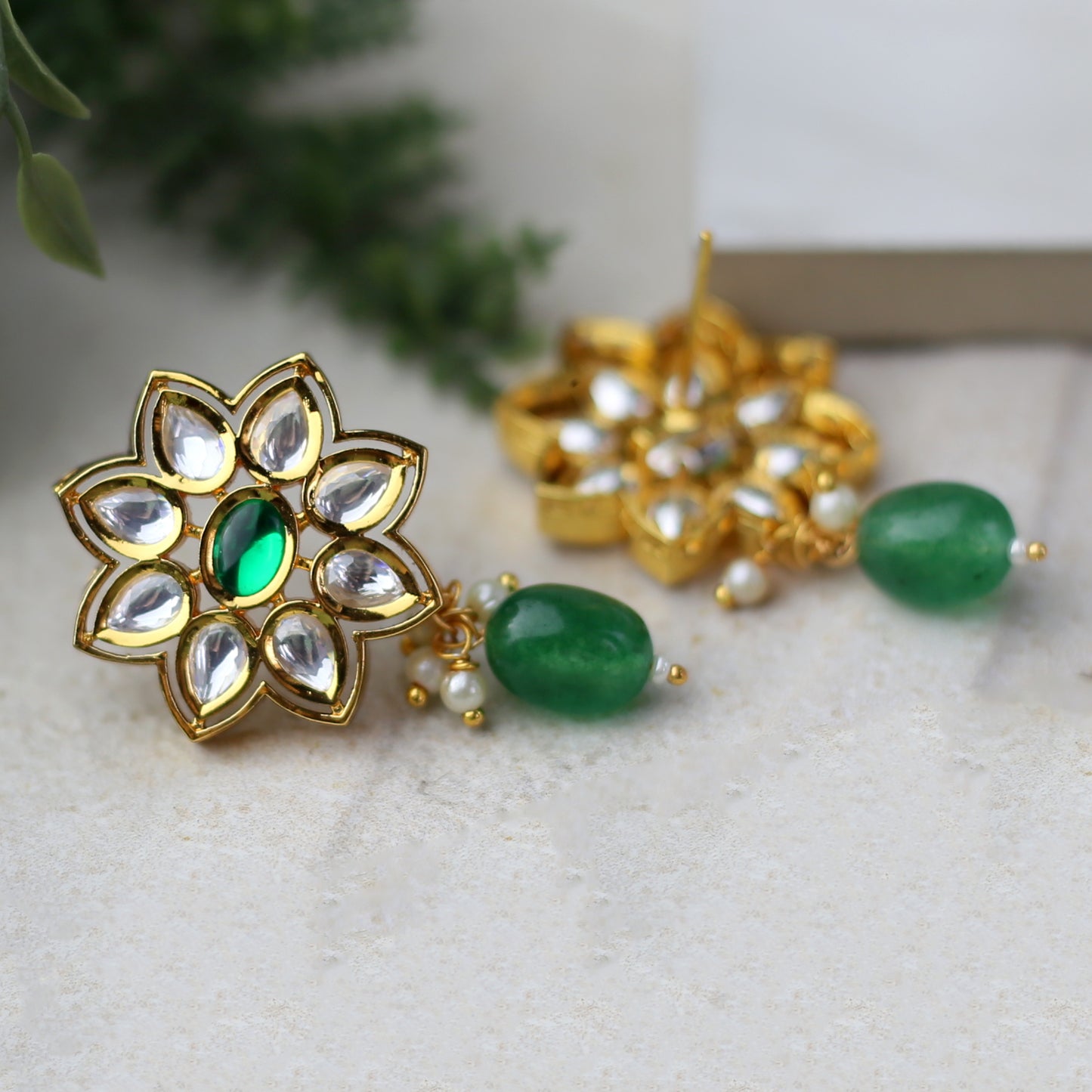 Kundan Flower Green Drop Earring