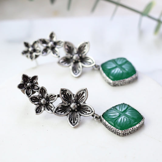 Green Tribal Flower Drop Earring