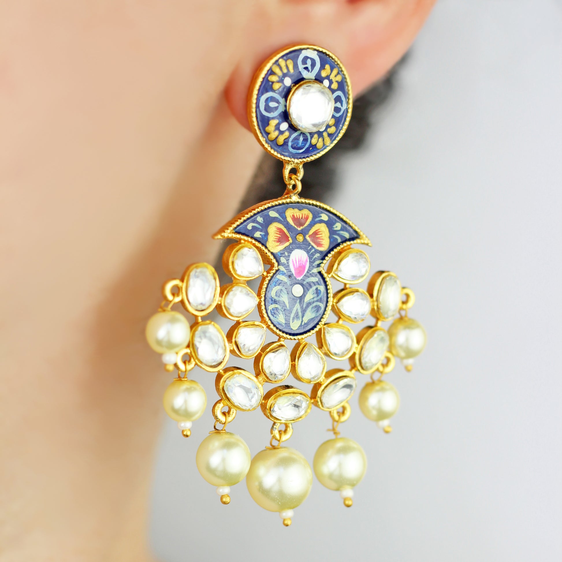 Hand Painted Blue Pearl Drop Earrings - Rabal