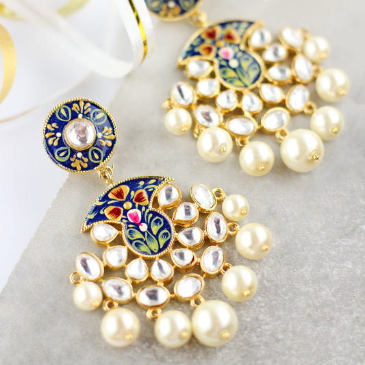 Hand Painted Blue Pearl Drop Earrings - Rabal