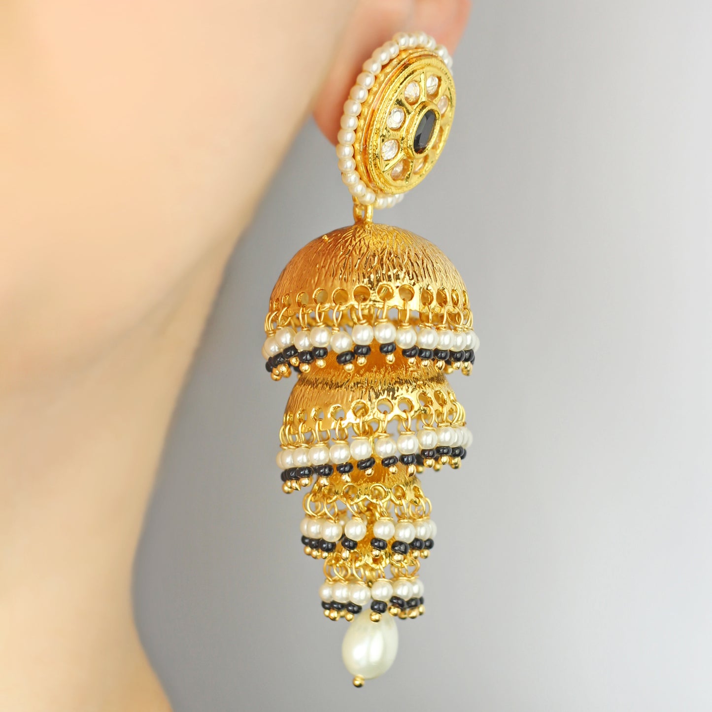 Black / White Three Tier Jhumke I Earring