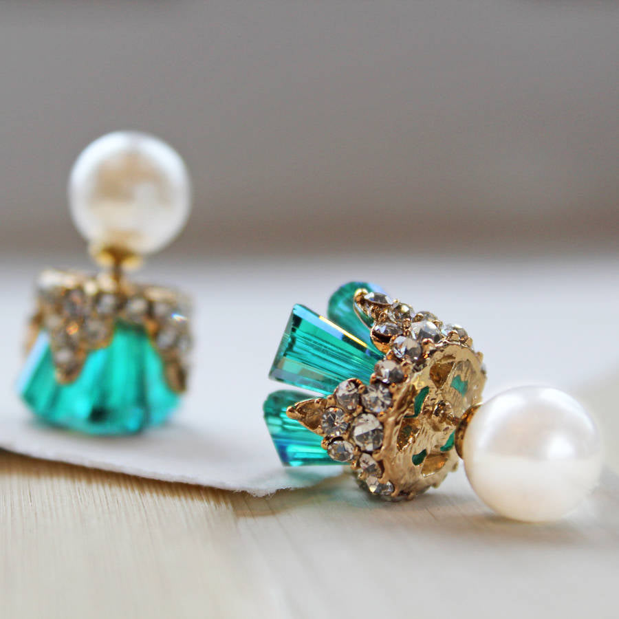 Green Crystal Inlayed Reversible Earrings - Rabal